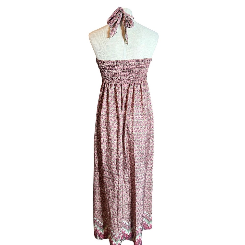 Attention Pink Green Geometric Floral Smocked Halter Maxi Dress Large - Picture 4 of 6